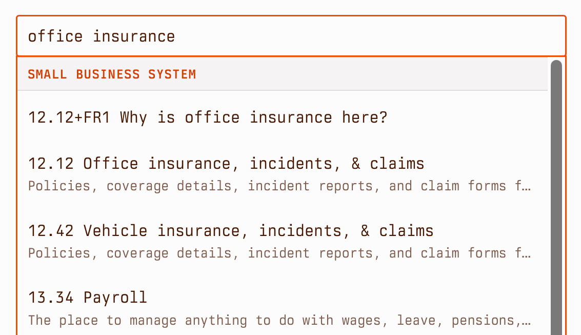 Screenshot showing the search of this site for 'office insurance'.
